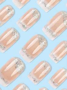 24pcs Medium Square Glitter Design French Tip Press On Nails Medium Fit Perfectly Acrylic False Nail Set,Contain 1pc Jelly Glue And 1pc Nail File, French Tip Nail For Women And Girls To DIY Daily Work Study And Party Use