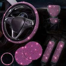 7-Piece Set Of Shiny Car Steering Wheel Cover, With Cup Holder Coaster And Gear Shift Knob Cover, Polyester Fiber Car Diamond Steering Wheel Cover Set, Seat Belt Cushion And Start Button Ring, Universal, No Inner Ring