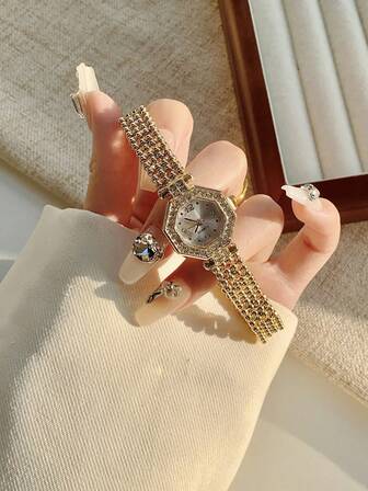 1 件女孩优雅简约石英表，矩形表盘，合金指针，电子机芯，奢华水钻仿真手镯腕表