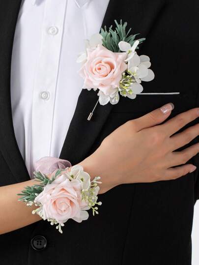 2pcs/1pc Baby's Breath & Rose Wristband Corsage, Suitable For Groom, Bride, Father, Mother, Grandparents For Wedding Decor, Ball Gowns, Homecoming Flowers