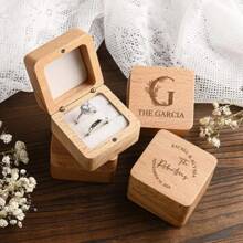 1 Pc Personalized Engagement Ring Box, Customized Engraved Wooden Ring Box, Double Slot Square Wedding Ring Box, Ring Bearer Box, Anniversary Gift For Her, Valentine's Day Gift, Mother's Day Gift