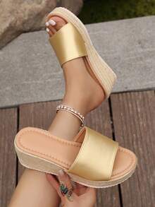 Sandalias de plataforma con cuña de cuerda y punta abierta de paja para mujer, suelas gruesas y elevadas para uso en exteriores en verano - Dorado - Ver 7