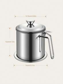 1pc Stainless Steel Oil Filter Pot With Strainer Net, Kitchen Oil Container,School Supplies - Silver - View 3