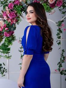 Plain Midi Dress With Zipper On The Back Comes With A Belt With Gold Buckle With Front Slit Elegant Sophisticated And Modest - Royal Blue - View 3