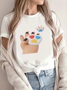 1-Piece 200gsm Pure Cotton Casual T-Shirt With Cute Animal Print And Colorful Heart Design, Perfect For All Seasons, Commuting, And Everyday Wear, 2025 Edition, Perfect For Valentine's Day