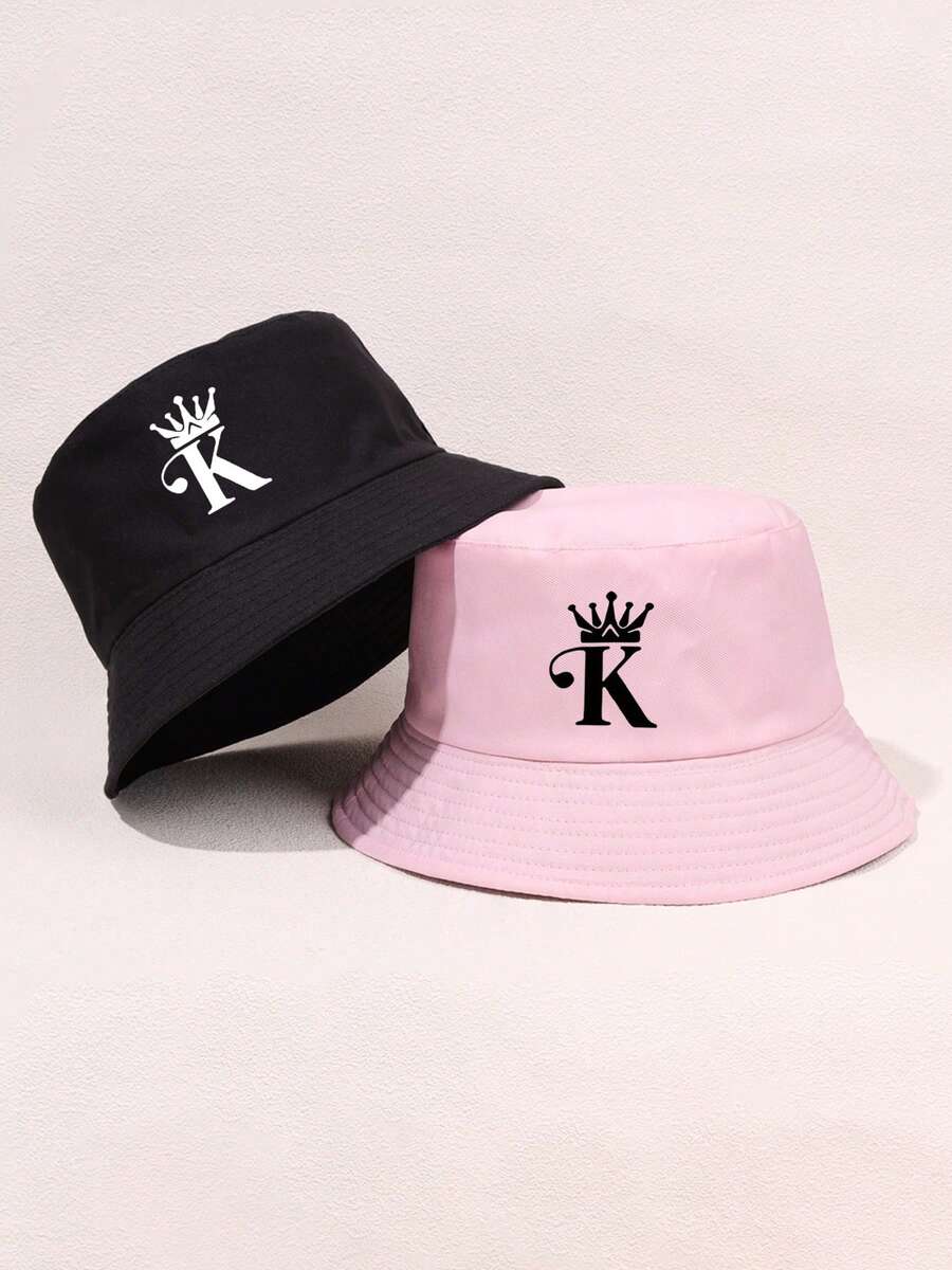 2pcs/1pc K Letter Printing Reversible Bucket Hat Casual Holiday Beach Sun Hat For Travel Valentine's Day Valentines - Multicolor - View 1