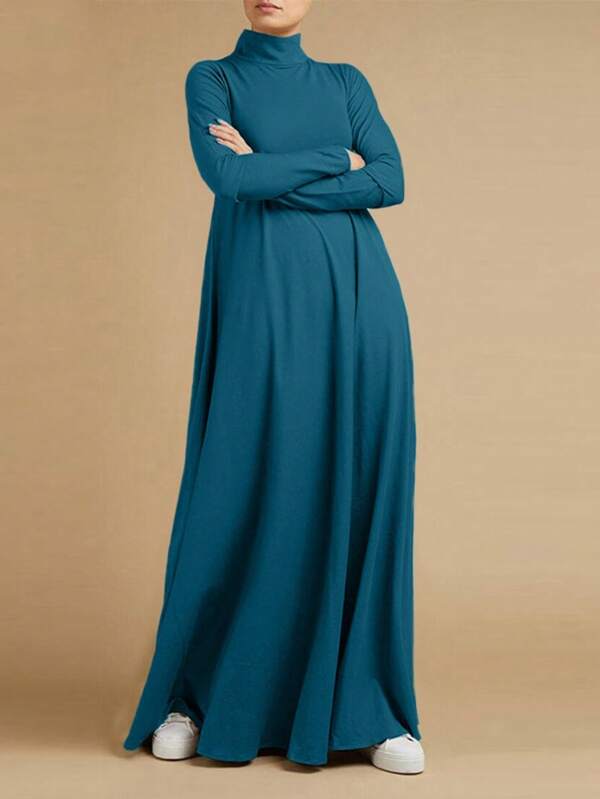 Muslim Autumn High Neck Long Sleeved Sun Skirt Fashionable Women's Long Length Dress Loose And Elegant Solid Color Casual, Modest