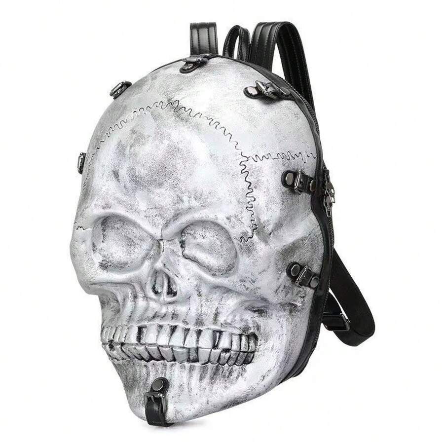 Skull Punk Bag, New Cool Backpack, Funny Three-Dimensional Relief Bag, Niche Design, Personalized Backpack - Silver - View 1