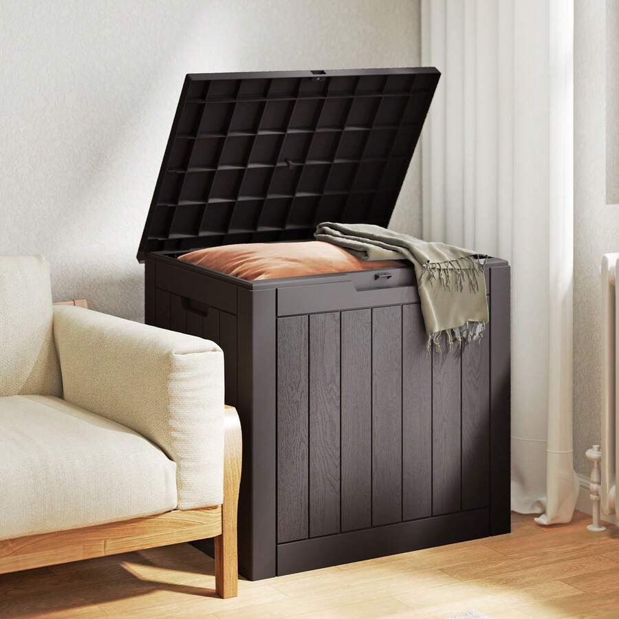 31-Gallon Weatherproof Deck Box – Lockable Outdoor Storage For Patio, Garden, Or Indoor Use – Dual Function As Extra Seat Or Table – Light Brown / Light Black - 棕色 - 查看 1