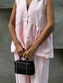 Linen Blend Sleeveless V-Neck Loose Top With Elastic Waist Pocket Wide Leg Pants Set, Women's Autumn Outfit, Y2K Style, Vintage, Travel Airport, Back To School, Street Style - Baby Pink - View 4