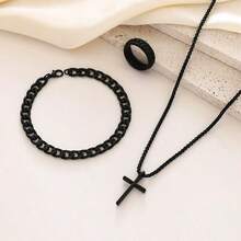 3pcs Cross Style Hip Hop Fashion Jewelry Set, Includes Necklace, Ring, Bracelet, Non-Fading, Non-Allergic, Minimalist, Suitable For Daily Wear, Gift For Men - Multicolor - View 12