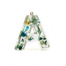 1pc Resin Dried Flower Letter Pendant, Floral Leaf & Golden Sequin Design, For DIY Keychains, Bag Charms, Etc.