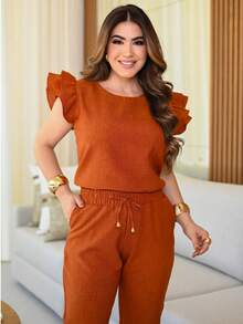 Women's Scrub Set Hospital Lab Coat 2 Pieces Casual Elegant Pleated Blouse Linen Pants With Delicate Detail On The Sleeve Colors Fashion Spring Summer 2025 Women's Clothing - 赤陶/絨毛 - 查看 4