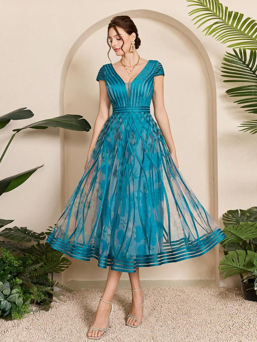 Mgiacy,New Arrival,V Neck,Elegant,Evening Gown Dress,Satin Ribbon,Short Sleeve,Mini Dress,FOR,Dinner Party - Teal Blue - View 1