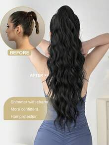 Tóc giả đuôi ngựa dài 24 inch màu đen, dạng sóng, làm từ sợi tổng hợp chịu nhiệt, phù hợp cho phụ nữ và bé gái sử dụng hàng ngày. - màu đen - Xem 3
