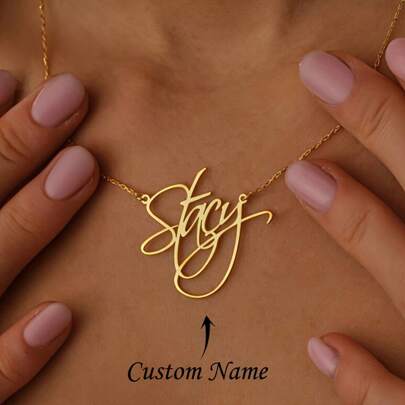 Custom Cursive Name Necklace - Chic Golden-Tone Stainless Steel, Personalized "Stay" Script Pendant - Ideal For Birthday & Holiday Gifts For Mom, Cute Necklace,Junior High School Students,Middle School Students,High School Senior High School Students,College Students,University Students,Freshman,Sophomore,Underclassmen,Black,Silver,Gold,Stylish,Colorful,Vintage,Simple,Unisex,Casual,Cuties,Custom,Personalized,Unique,Ideal Gifts For Him,Ideal Gifts For Her,Her,Boyfriend,Girlfriend,Dad,Mom,Family,Friends,For Anniversaries,For Birthdays,For Graduation,For Prom,For Party,Chic Autum, Chic Winter