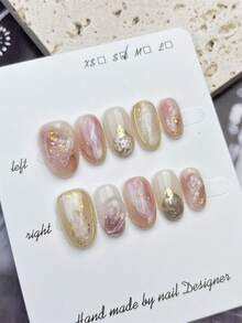 10片中号椭圆形假指甲，闪亮透明多色融合，优雅金色箔片和闪亮元素设计，光泽亮丽，100%纯手工制作，按压式亚克力指甲，可重复使用。美甲用品套装包含1片果冻胶、1根胶棒和1把指甲锉，适合女性日常或派对佩戴。 - 彩色 - 查看 6
