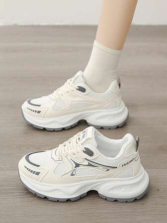 女士白色休闲运动鞋，厚底粗跟运动鞋，网眼透气，印花系带，增高设计，适合日常休闲穿着、旅行、购物，时尚百搭
