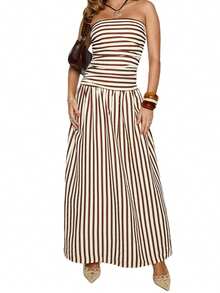 Women Tube Top Maxi Dress Elegant Sleeveless Strapless Ruched Flowy Dress Summer Long Wedding Party Cocktail Dresses - Multicolor - View 4