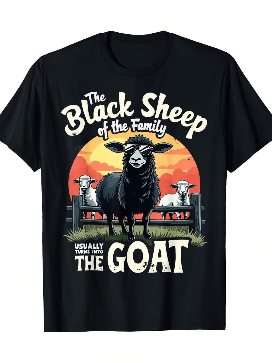 [Cotton Graphic Tee] 100% Cotton Black Sheep Family Goat Graphic Tee | Casual Crew Neck T-Shirt For Men, Machine Washable - 黑色 - 查看 1
