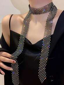 2/1 Fashionable And Versatile Bright Rhinestone Necklace Tie Neck Chain Waist Chain Internet Celebrity Neck Ribbon Dance Performance Rhinestone Tie Cool Casual Nightclub Party - Black Background Colorful Diamond 125cm - View 4