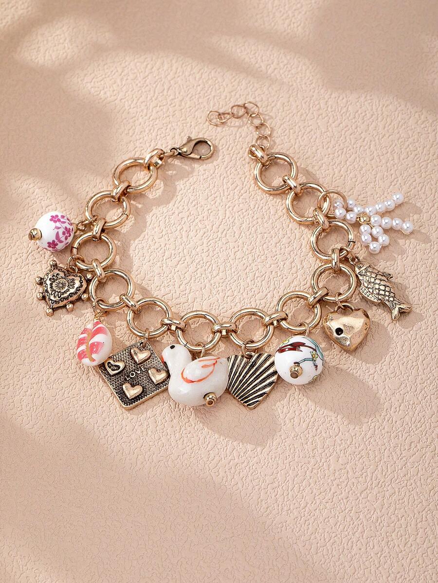 1pc Vintage Ceramic Charm Bracelet, Handmade Porcelain Heart Locket, Fish & Shell Decor Jewelry For Women - Multicolor - View 1