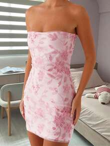 Women's Y2K Summer Beaded Floral Strapless Tube Tops Sparkly Sequin Off Shoulder Sleeveless Open Back Mini Bodycon Dress Club Streetwear - 粉色 - 查看 3