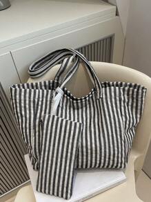 Bolso de gran capacidad de estilo casual a rayas, bolso de compras, vacaciones y escuela, set de 2 piezas con monedero y dije