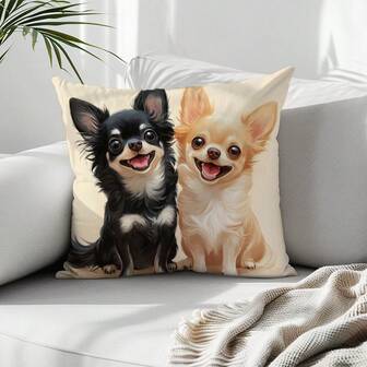 1pc Cute Smiling Chihuahua Decorative Pillow Cover, Single-Sided Printed Soft Peach Velvet Material, 40*40/45*45/50*50CM Cushion Cover Suitable For Home, Bedroom, Living Room Decor, Decorative Pillow Gift