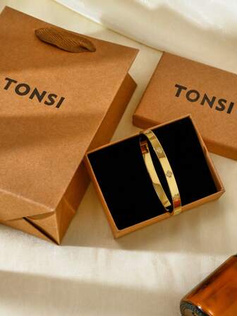 TONSI 1 Stück Edelstahl 18K Goldplattierter Manschetten-Armreif, zart mit kubischem Zirkonia besetzt, Schmuckgeschenkbox, bestes Geburtstags-/Feiertagsgeschenk für Frauen