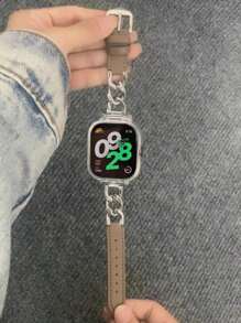 Pulseira feminina de couro legítimo com fivela de metal em formato de V e design de cintura fina, pulseira de corrente de aço inoxidável compatível com Ultra2/SE/série 10/9/8/7/6/5/4/3/2/1, 38 mm/40 mm/41 mm/42 mm/44 mm/45 mm/49 mm, hipoalergênica, macia e respirável para moda diária e empresarial