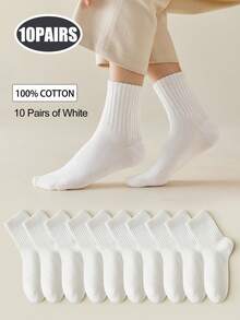 5 双女士中性中长款棉质中筒袜，高弹力，抗菌除臭，多色简约素色版型，适合休闲日常商务穿着，秋季 - 彩色 - 查看 18