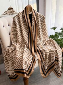 1 件女士几何印花仿丝围巾，时尚百搭防晒披肩，旅行和日常装饰，春秋