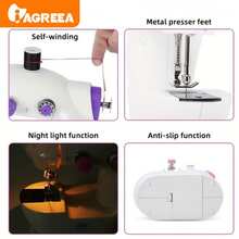 IAGREEA 迷你电动缝纫机，便携式缝纫机，Violet 迷你电动缝纫机 - 6V DC 便携式旅行和 DIY 工艺工具，带自动绕线器、脚踏板、夜灯、2 速、纽扣修理 | 节日礼品套装（含线轴包，不含适配器）