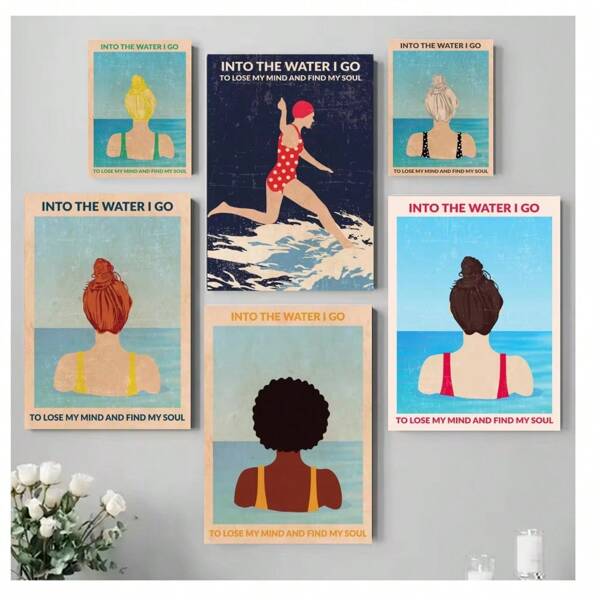 1pc Frameless Vintage Painting Art Summer Swimming Poster Cartoon Portrait Printing Wall Arts Modern Minimalist Swimming Pool Living Room Bedroom Dormitory Coffee Shop Room Wall Decoration Home Decoration ,Wall Art With Frame
