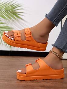 新款女士拖鞋，纯色EVA加厚鞋底，一体式设计，稳固舒适，室内居家穿着柔软舒适，适合学生；可调节双带设计，时尚百搭，适合工作、旅行、海滩、购物、探险等各种场合；减震透气，宽楦设计；多种颜色可选。 - 橘色 - 查看 4