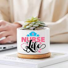 1pc Ceramic Planter Pot With Bamboo Tray (3.6"X2.6"), Succulent Planter, Nurse Life Theme - Nurse Cap, Stethoscope, Pill Elements With "Nurse Life" Text, Planter Pot Gift, Yard Decor, Desktop Decoration