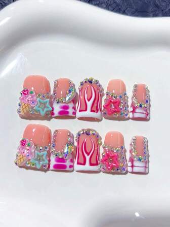 10 قطعة أظافر على شكل منقار البط من طراز Y2K، مصنوعة يدويًا، بنمط اللهب والنجوم الملونة والماس وزخرفة الآيس كريم؛ أظافر مصنوعة منزليًا للضغط عليها، تصميم أظافر فني، أظافر اكريليك صناعية؛ مناسبة للعطلات والحفلات والاستخدام اليومي؛ تشمل 1 ورقة من الغراء الجيلي و 1 ملف أظافر صغير من لوازم الأظافر