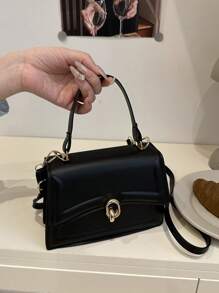 Bolso de mano elegante de unicolor, cartera con solapa de estilo retro para mujeres, bolso bandolera con asa superior de PU