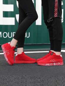 Unisex Sneakers, Red High-Top Lace-Up Flat Casual & Sport Skateboard Shoes, Outdoor Graffiti DIY Lightweight Luxury Solid Color Casual Shoes