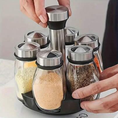 7-Piece Premium Rotating Spice Rack With Durable Glass Jars - Easy Access To Seasonings - Saves Kitchen Space, Suitable For Countertop Or Cabinet - Modern Design, Ideal For Home And Dorm