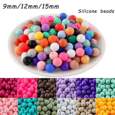 50/100 peças, sortimento de contas e miçangas, contas de silicone de cor sólida de 9 mm/12 mm/15 mm, várias cores, contas decorativas, adequadas para pulseiras artesanais, canetas de contas, etc.