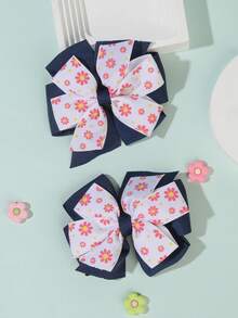 2pcs Girls Floral & Candy Print Fashion Spring/Summer Handmade Woven Butterfly Clips, Suitable For Everyday Use - Multicolor - View 2