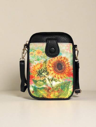 向日葵铜拉链手机袋 - 多功能分层设计，方便收纳手机、钥匙、口红和其他小物件，方便购物和外出携带，迷你便携免提设计，向日葵图案，实用时尚的手机伴侣袋