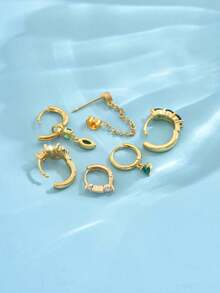 6pcs/Set One-Side Delicate Green Zirconia Leaf Stud Earrings, Minimalist Stylish Earring Set For Women, Suitable For Date, Party, Daily Commute - Yellow Gold - View 3
