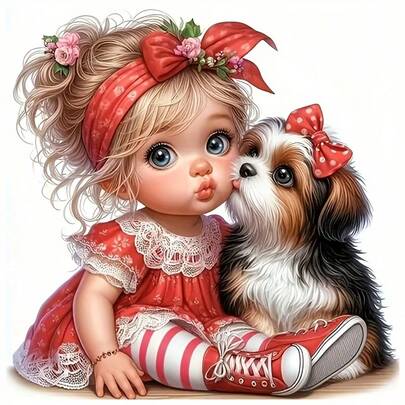 1/2/3PCS Cute Young Girl & Puppy Dog Bow Design DIY Heat Transfer Stickers, Suitable For Clothing, T-Shirts, Canvas Bags, Pillows