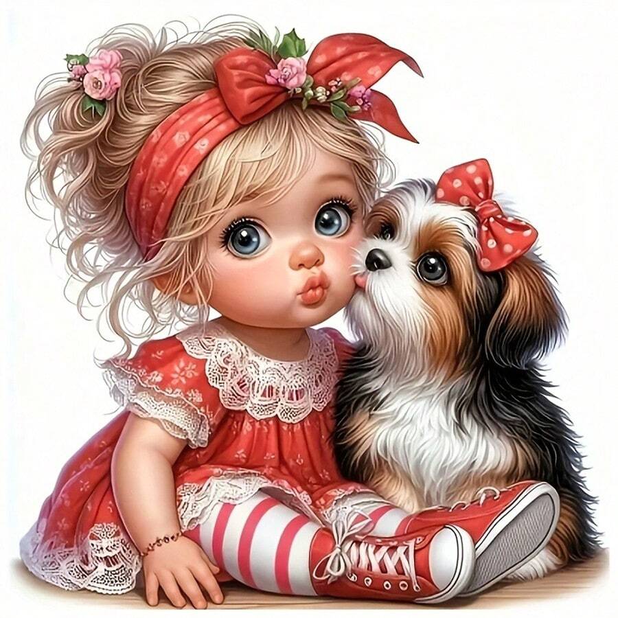 1/2/3 件可爱小女孩和小狗蝴蝶结图案 DIY 热转印贴纸，适用于服装、T 恤、帆布包、枕头 - 彩色 - 查看 1