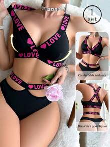 Women Letter Printed Underwear Set, Wireless Sports Lingerie Bra And Panty Set, Thin Style