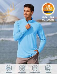 KEFITEVD Men's Long Sleeve Athletic Shirts 1/4 Pullover Zip Sun Protection Rash Guard UPF 50+ Outdoor Running T-Shirts - Waterfall Blue - View 3