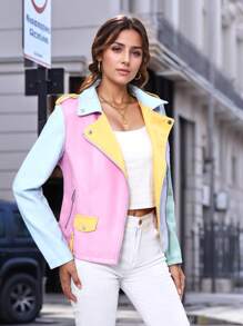Risissida Women's Fall And Winter Color Block PU Biker Jacket – Versatile Commuting & Casual Coat With Zippered Pockets